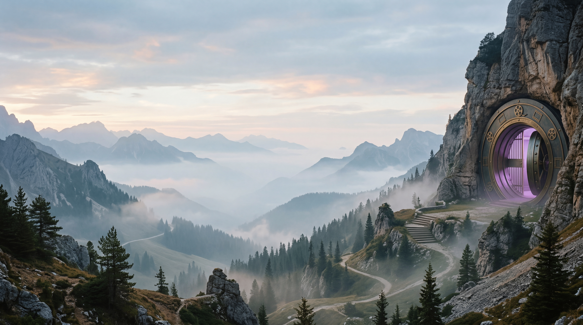 Cinematic mountain landscape at dawn with a glowing vault portal carved into a distant cliff